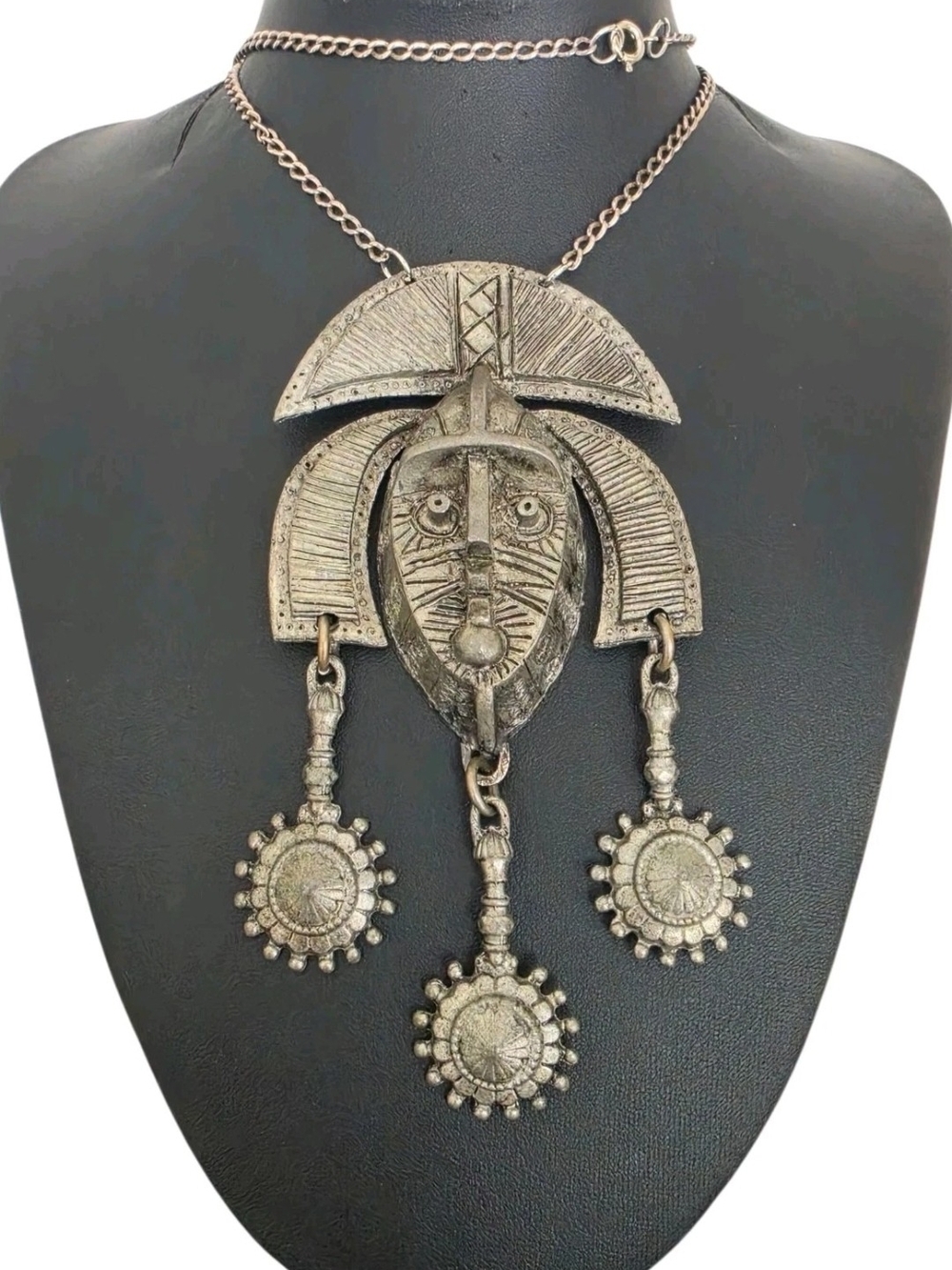 Vintage Brutalist Cast Metal African Mask Necklace Tribal Statement Pendant 23"